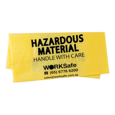 WORKSAFE YELLOW "HAZARDOUS MATERIAL - HANDLE WITH CARE" - BAG LOW DENSITY, SIZE: 0.08MM THK X 550 MM W + 150MM (GUSSET) X 950MM H (25PCS/BAG)